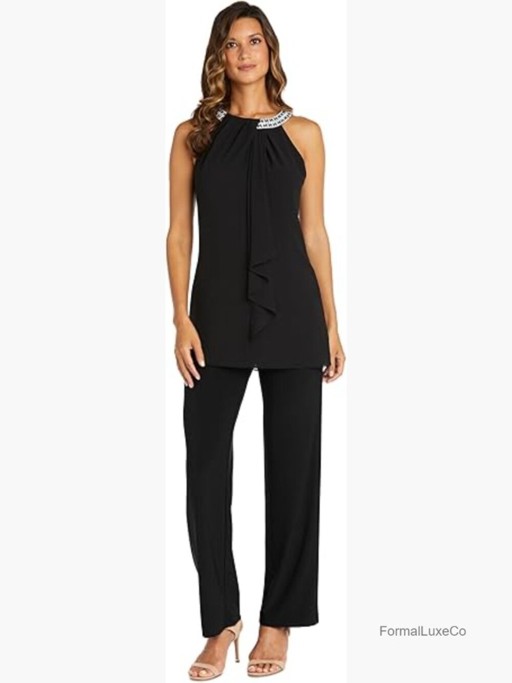 Embellished Rhinestone Halter Tunic Top Sleeveless Drape Front
